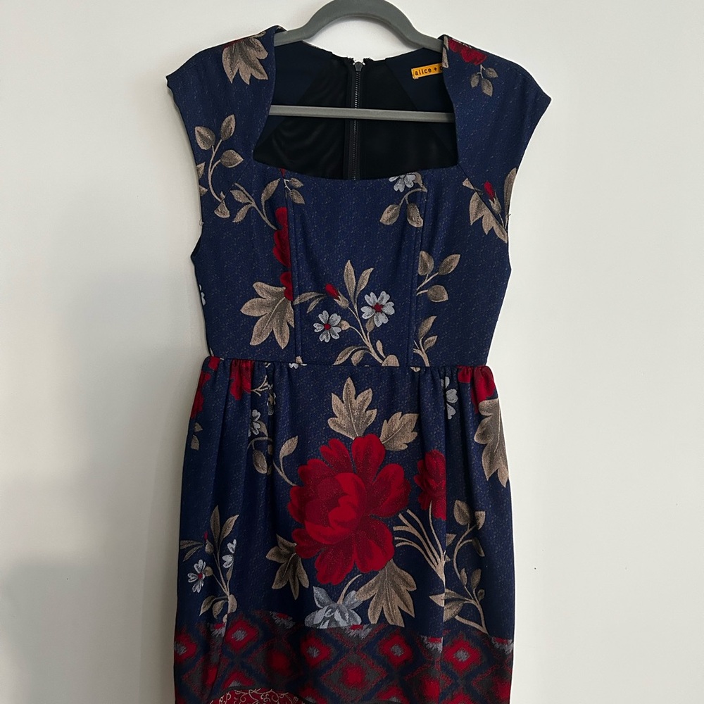 Alice + Olivia Blue Dress with Red and Champagne Floral Details